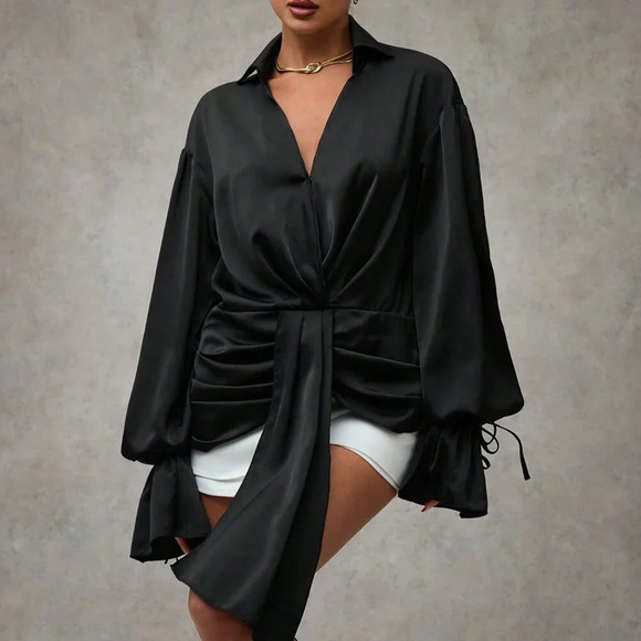 Black Elegant Women's Asymmetric Cross Wrap Puff Sleeve Shirt - Picture 6 of 6